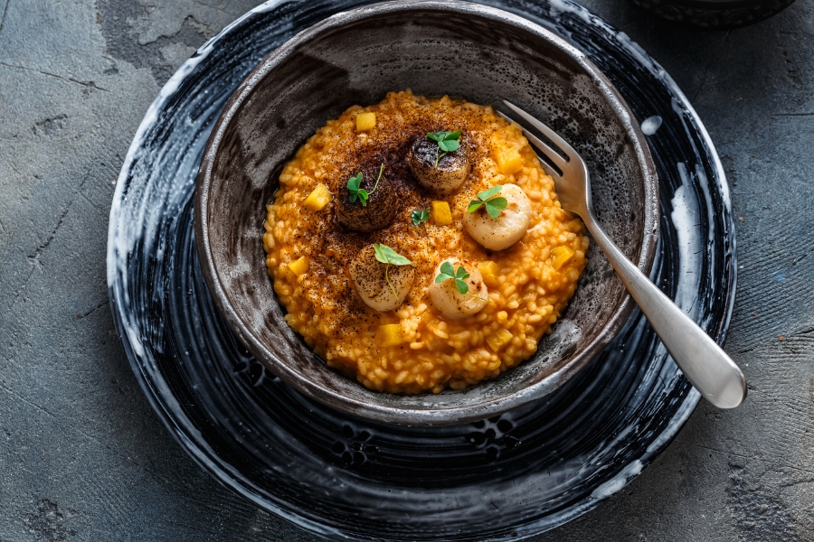 Risotto au potimarron et aux saint-jacques utilisant un Thermomix